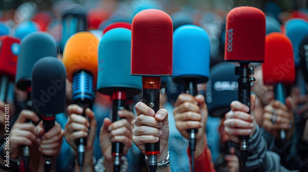Fototapeta World Press Freedom Day concept. Background with microphones in hands depicting the idea of freedom of the press or freedom of expression.