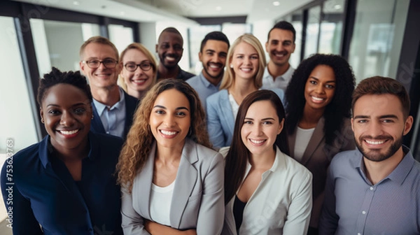 Fototapeta Diverse group of employees project team standing together in modern business building - group selfi portrait of cheerful and joyful young and senior employees colleagues