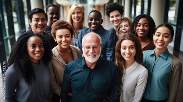 Fototapeta Diverse group of employees project team standing together in modern business building - group selfi portrait of cheerful and joyful young and senior employees colleagues