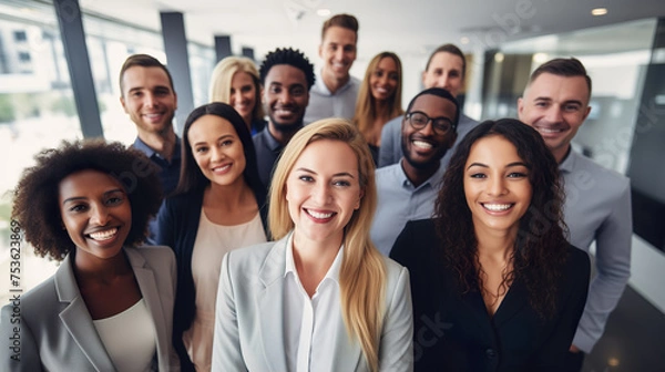 Fototapeta Diverse group of employees project team standing together in modern business building - group selfi portrait of cheerful and joyful young and senior employees colleagues
