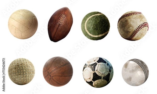 Fototapeta set of sport games old used balls isolated on transparent background