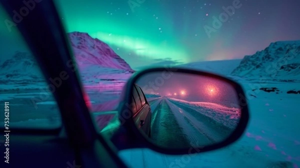 Fototapeta View from side mirror of a car in wild snow field with beautiful aurora northern lights in night sky with snow forest in winter.