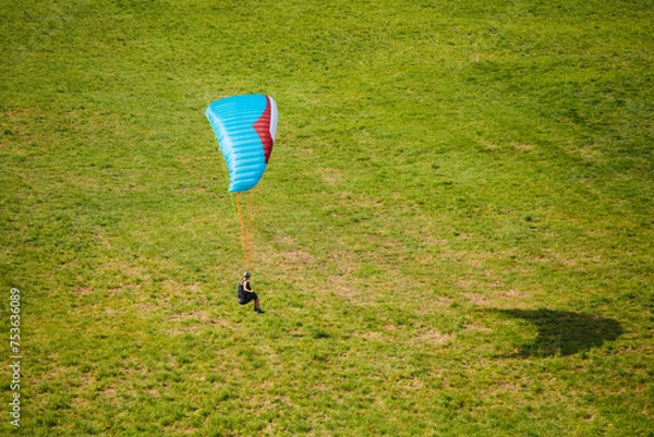 Obraz Blue Paraglider Landing on a Green Meadow