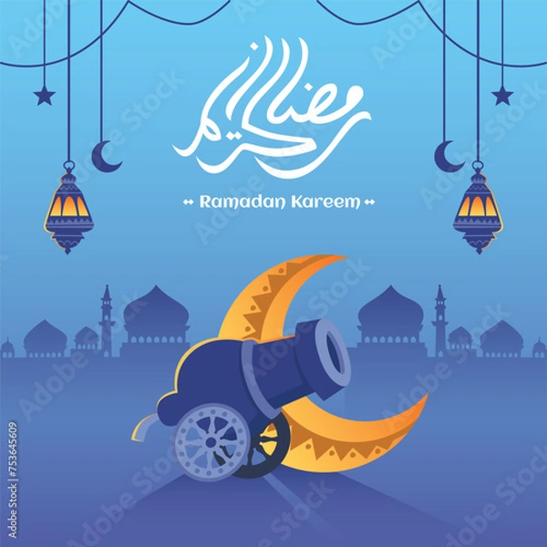 Fototapeta Ramadan islamic greeting card decorative editable vector background with crescent, cannon, lantern, silhouette of mosque, arabic calligraphy text translation: "Ramadan Kareem means Generous Ramadan"