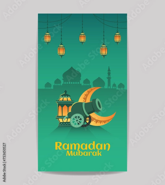 Fototapeta Ramadan mubarak islamic social media story vector editable template design with arabic lantern, crescent, cannon gun, and silhouette of mosque
