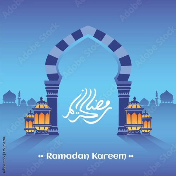 Fototapeta Ramadan islamic greeting card decorative editable vector background with arabic door, lantern, silhouette of mosque, arabic calligraphy text translation: "Ramadan Kareem means Generous Ramadan".