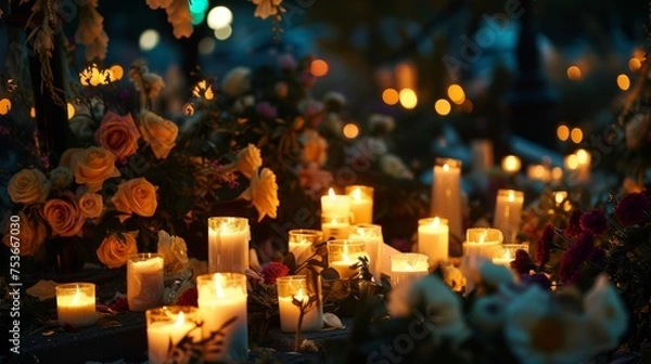 Fototapeta A memorial with flowers and candles for those lost in a bomb attack, the light casting a solemn mood on the gathered mourners.
