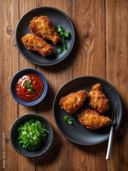 Fototapeta Magnificently prepared fried chicken fillet and sauces are displayed on a wooden table