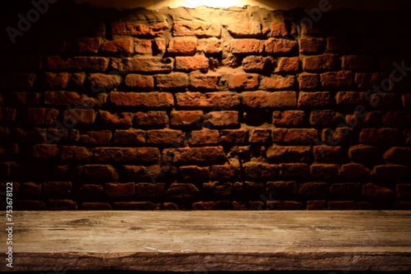 Obraz table background of free space for your wine bottle or food on top and dark retro interior of barrels . High quality photo