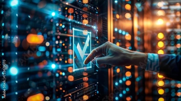 Fototapeta A hand selects an illuminated icon on a server rack, symbolizing data management, technology, and connectivity