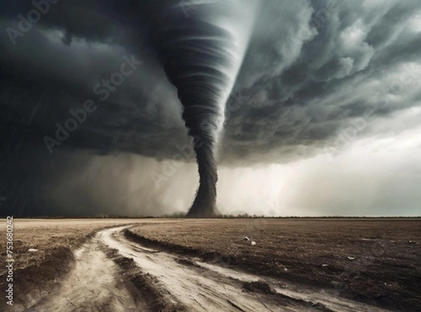 Obraz Raging tornado at the with in a dry dirt field with black clouds