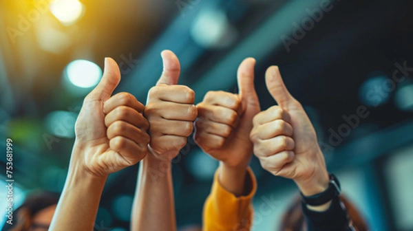 Fototapeta a business team raises thumbs up in gratitude, symbolizing motivation and teamwork. Together, they acknowledge and thank each other for their dedication