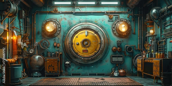 Fototapeta Industrial room filled with pipes, valves, and machinery in a factory setting