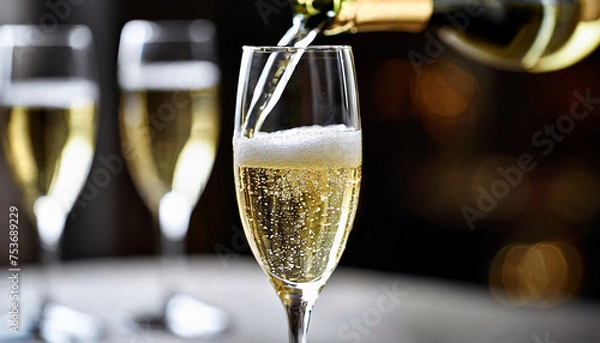 Obraz シャンパングラスにシャンパンを注ぐ瞬間