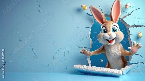 Fototapeta Cute Easter bunny with an Easter egg on a blue wall background, wall breakout, banner or background  6