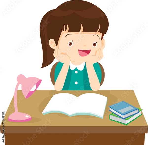 Fototapeta kid learning doing homework read and writing on desk