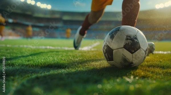 Fototapeta Soccer player in action with ball on the field of stadium. Football concept