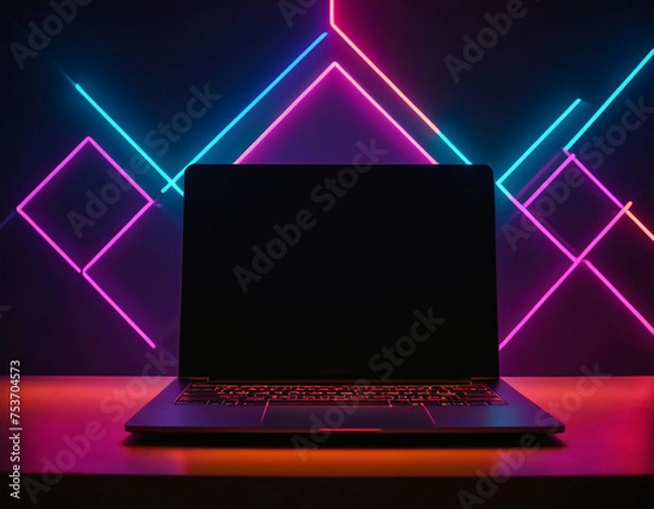 Obraz colorful neon background with a laptop