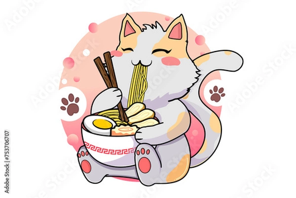 Obraz Cute cat eat ramen noodles. Kawii little kitty. Vector illustration  