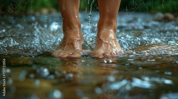 Obraz Bare feet dipped in a refreshing and rejuvenating stream, cooled by clear, bubbling water and raindrops falling, seeking rest from a hiking adventure on a hot summer day