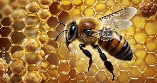 Obraz Illustrate a macro image of a honey bee on a honeycomb, showcasing the ultra-realistic details of the bee's body against the hexagonal cells. Highlight the translucent quality -AI Generative