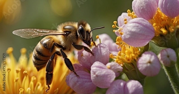 Obraz Craft an ultra-realistic close-up image of a honey bee gathering pollen from a flower. Pay meticulous attention to the details of the bee's fuzzy body, transparent wings-AI Generative