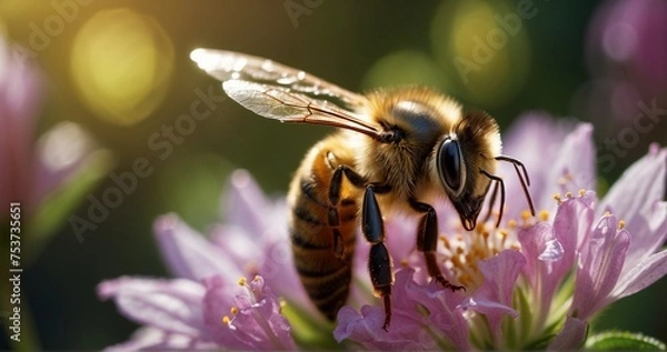 Obraz Craft an ultra-realistic close-up image of a honey bee gathering pollen from a flower. Pay meticulous attention to the details of the bee's fuzzy body, transparent wings-AI Generative