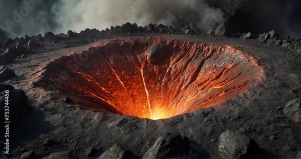 Obraz Compose an image focusing on the close-up details of a volcano's crater. Capture the realistic textures of rocks, ash, and steam, showcasing the intensity of the volcanic landscape -AI Generative