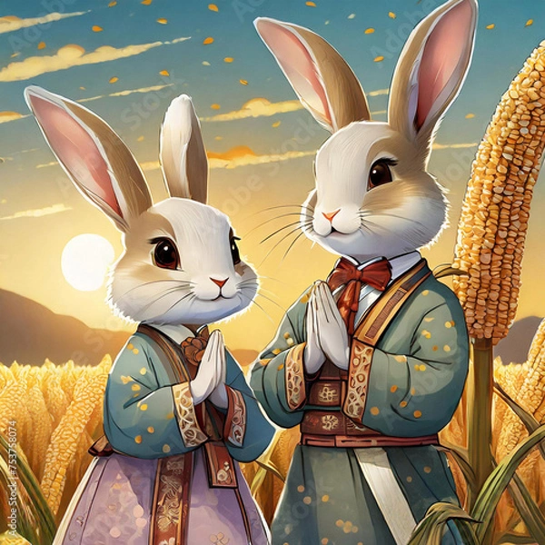 Fototapeta 노을진 시골 밭에서 기도하는 토끼 부부