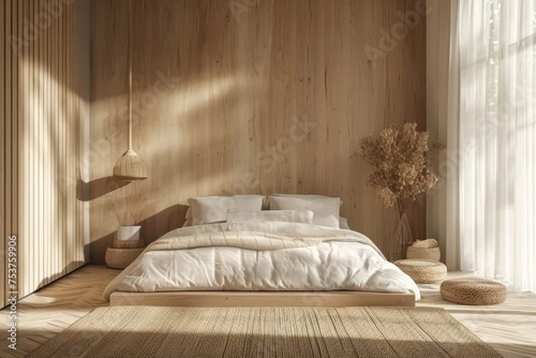 Fototapeta Cozy bedroom in a minimalist Scandinavian style with a bed, pillows and with wooden walls.