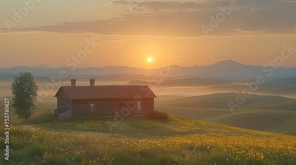 Fototapeta a house sitting on top of a lush green hillside next to a field filled with wildflowers at sunset.