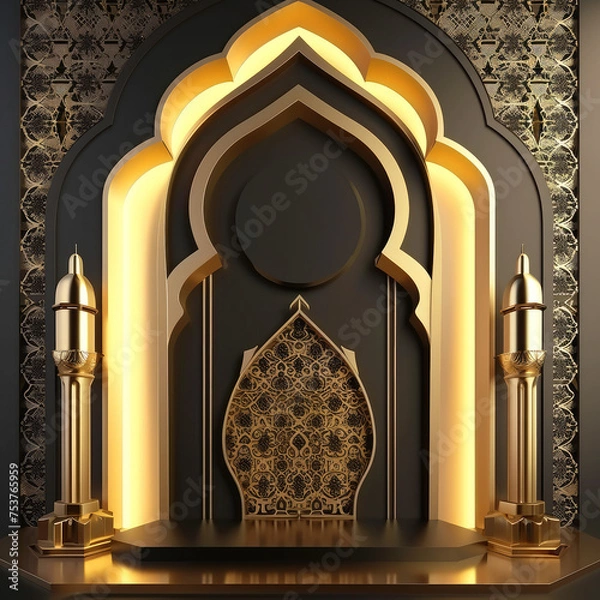Obraz Luxurious Ramadan celebration with an Islamic architecture background in a light black and bronze style. Featuring luxurious wall hangings, light beige and yellow accents, charismatic elements, award-