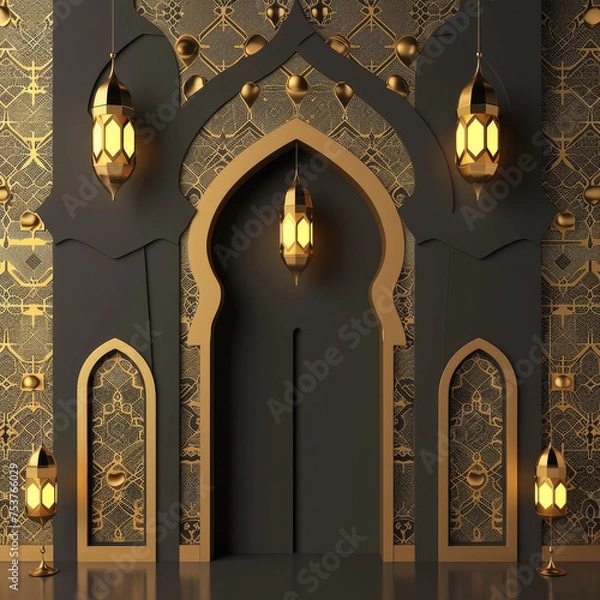 Obraz Luxurious Ramadan celebration with an Islamic architecture background in a light black and bronze style. Featuring luxurious wall hangings, light beige and yellow accents, charismatic elements, award-