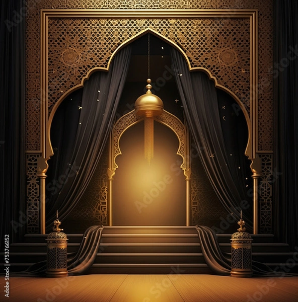 Obraz Luxurious Ramadan celebration with an Islamic architecture background in a light black and bronze style. Featuring luxurious wall hangings, light beige and yellow accents, charismatic elements, award-
