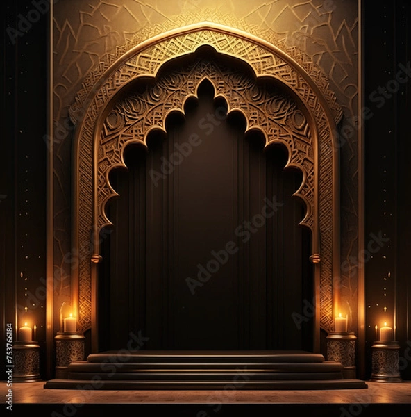 Obraz Luxurious Ramadan celebration with an Islamic architecture background in a light black and bronze style. Featuring luxurious wall hangings, light beige and yellow accents, charismatic elements, award-