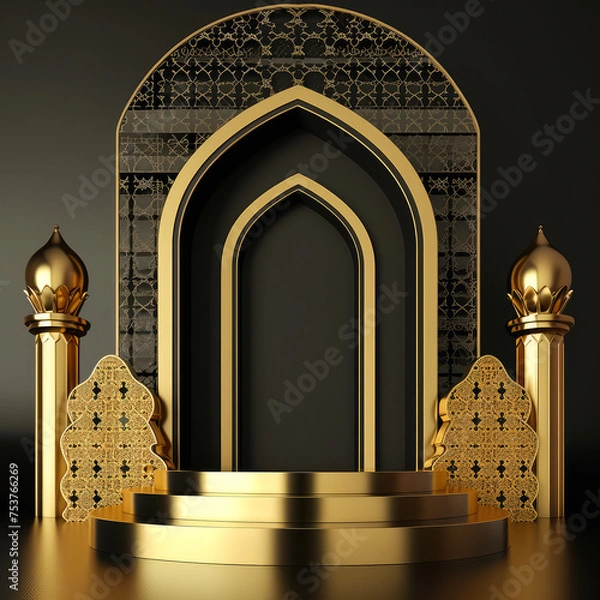 Obraz Luxurious Ramadan celebration with an Islamic architecture background in a light black and bronze style. Featuring luxurious wall hangings, light beige and yellow accents, charismatic elements, award-