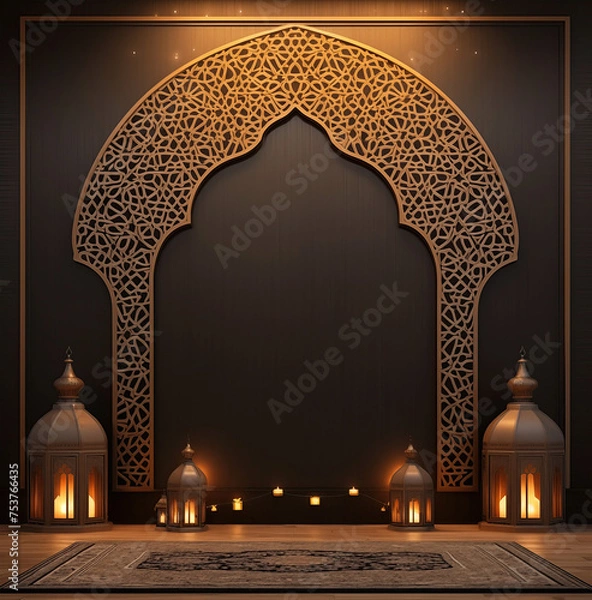 Obraz Luxurious Ramadan celebration with an Islamic architecture background in a light black and bronze style. Featuring luxurious wall hangings, light beige and yellow accents, charismatic elements, award-