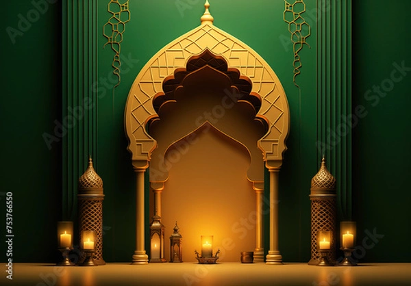 Obraz Luxurious Ramadan celebration with an Islamic architecture background in a light black and bronze style. Featuring luxurious wall hangings, light beige and yellow accents, charismatic elements, award-
