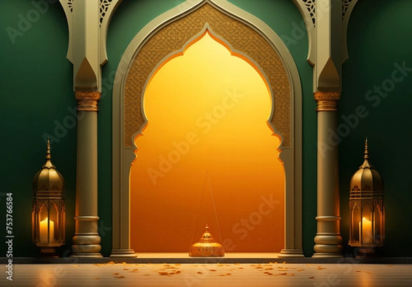 Obraz Luxurious Ramadan celebration with an Islamic architecture background in a light black and bronze style. Featuring luxurious wall hangings, light beige and yellow accents, charismatic elements, award-