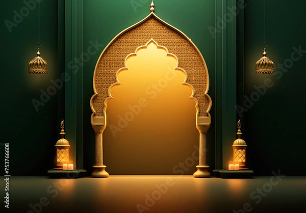 Obraz Luxurious Ramadan celebration with an Islamic architecture background in a light black and bronze style. Featuring luxurious wall hangings, light beige and yellow accents, charismatic elements, award-