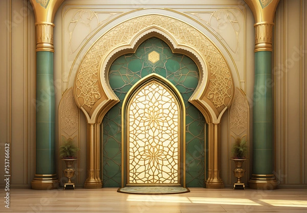 Obraz Luxurious Ramadan celebration with an Islamic architecture background in a light black and bronze style. Featuring luxurious wall hangings, light beige and yellow accents, charismatic elements, award-