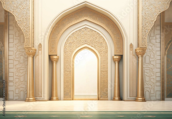 Obraz Luxurious Ramadan celebration with an Islamic architecture background in a light black and bronze style. Featuring luxurious wall hangings, light beige and yellow accents, charismatic elements, award-