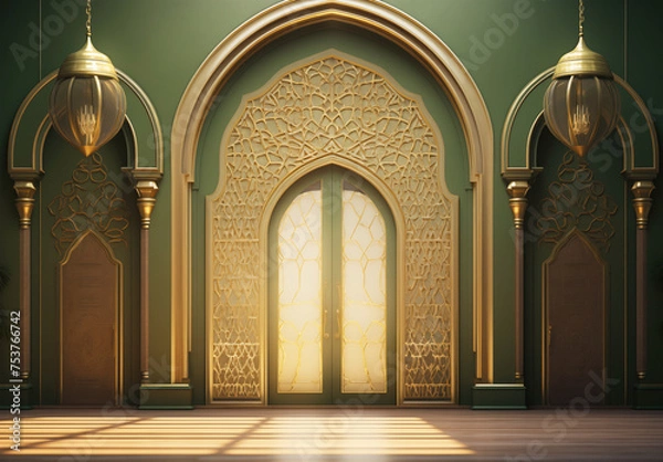 Obraz Luxurious Ramadan celebration with an Islamic architecture background in a light black and bronze style. Featuring luxurious wall hangings, light beige and yellow accents, charismatic elements, award-