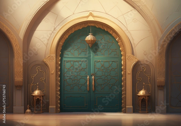 Obraz Luxurious Ramadan celebration with an Islamic architecture background in a light black and bronze style. Featuring luxurious wall hangings, light beige and yellow accents, charismatic elements, award-