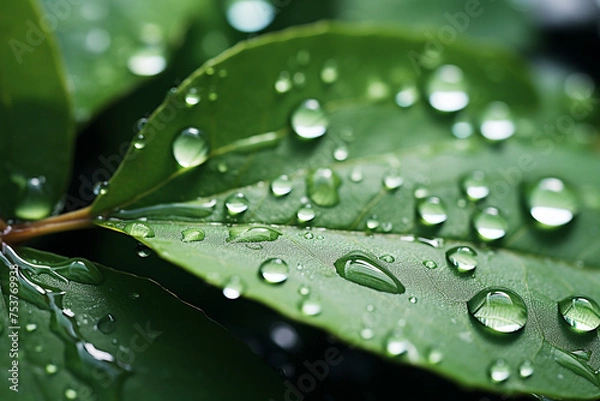 Obraz Water drops on green leaf. Nature background. Shallow DOF