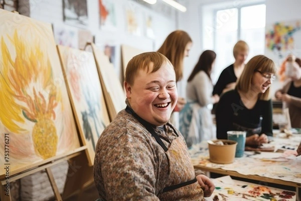Fototapeta Young smiling man with Down syndrome on art workshop with a group of students high resolution --ar 3:2 Job ID: 0603460f-86c9-4799-8c97-3f08a5ee9b80