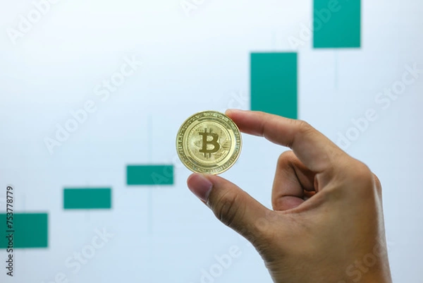 Fototapeta Bitcoin's uptrend and bullish Trend with a Trading Graph in the background.