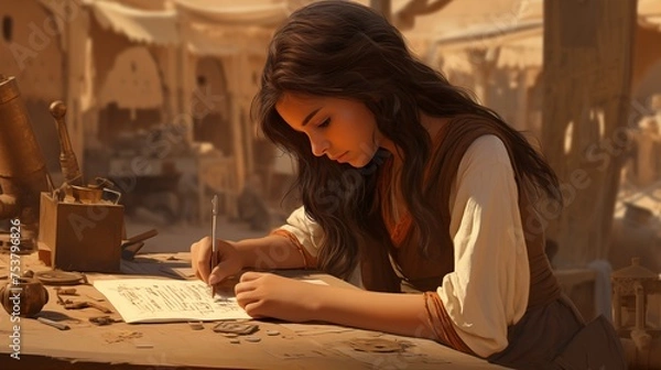 Fototapeta A linguist deciphers a mysterious ancient script