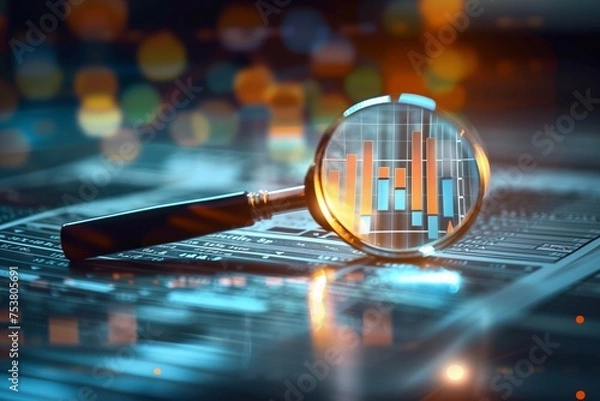 Fototapeta Business trend data analysis with magnifying glass, investing candles, stock market or cryptocurrency investing concept with bokeh defocused background.