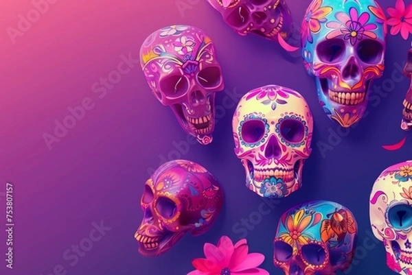 Fototapeta Purple background with different skulls on it, colorful arrangements, mexican muralism, light pink and blue. Day of the Dead celebration, copy space.